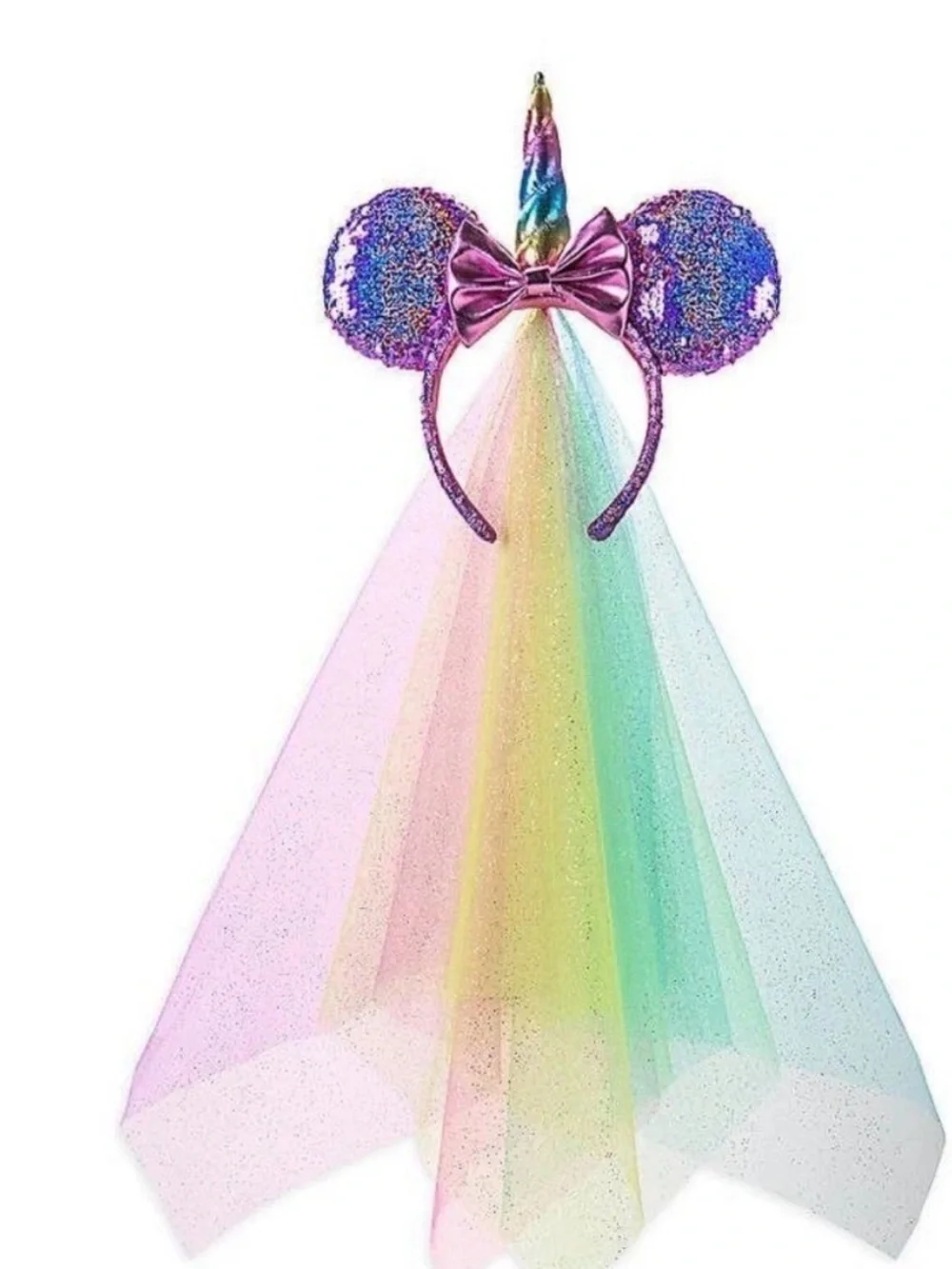 Disney Pink Sequin Unicorn Ear Headband with Rainbow Veil